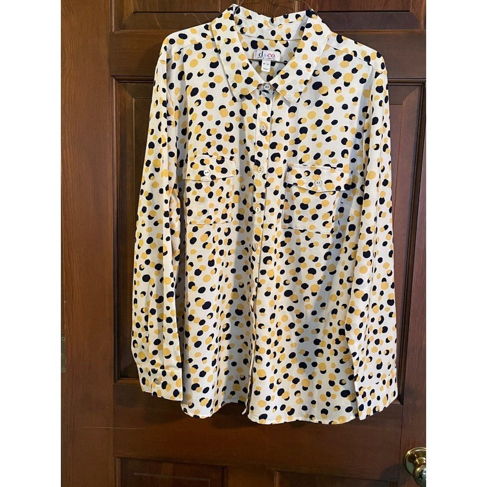 Denim & Co. Stretch Crepe Printed Dot Point Collar Shirt Navy/Yellow XL